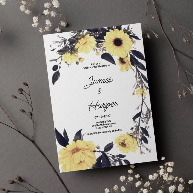 Invitation Aquarelle jaune gris foncé marguerite Mariage (Watercolor yellow dark gray daisy floral Wedding )