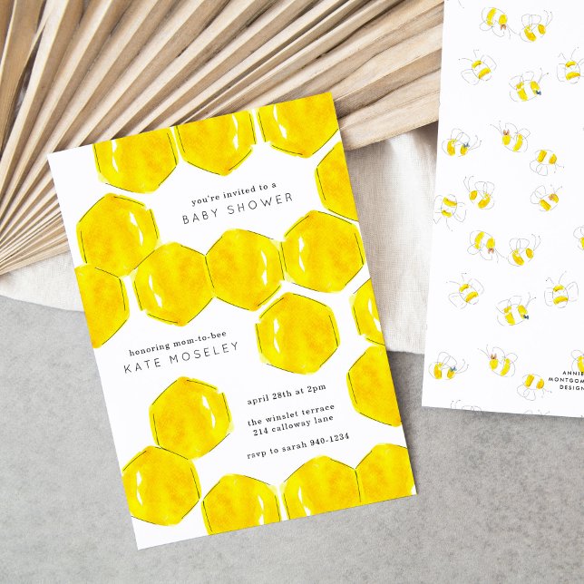 Invitation Aquarelle jaune Honeycomb Maman to Bee Baby shower (Yellow watercolor bee honeycomb baby shower invitations.)