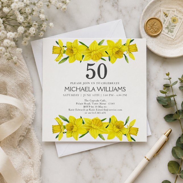 Invitation Aquarelle jaune jonquille 50e fête d'anniversaire (Add name & details to customize)
