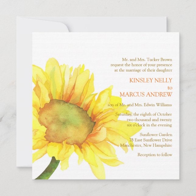 Invitation Aquarelle jaune Mariage floral de tournesol (Devant)