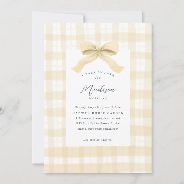 Invitation Aquarelle jaune Plaid et Baby shower de la cale (Devant)