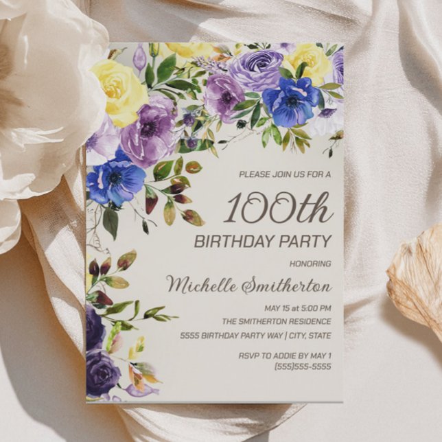 Invitation Aquarelle jaune pourpre Floral 100e anniversaire (Purple and yellow watercolor floral 100th birthday party invitation)