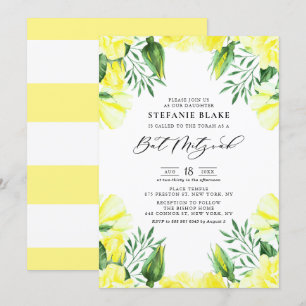 Invitation Aquarelle jaune Rose Bat mitzvah Floral