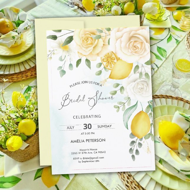 Invitation Aquarelle jaune Rose & douche nuptiale citron (lemon bridal shower Invitation)