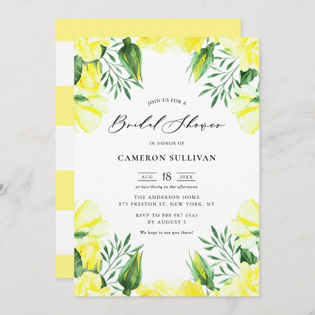 Invitation Aquarelle jaune Roses Garland Fête des mariées (Devant / Derrière)