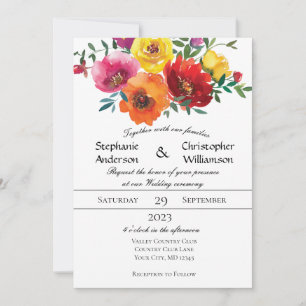 Invitation Aquarelle jaune rouge rose Mariage de verdure fleu