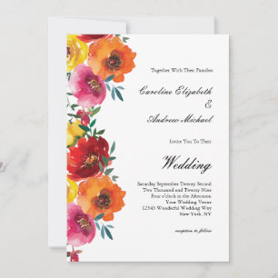 Invitation Aquarelle jaune rouge rose orange Mariage floral