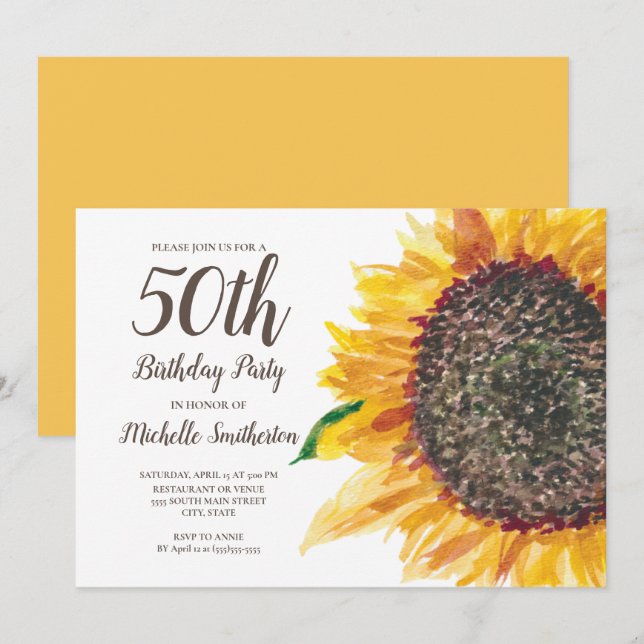 Invitation Aquarelle jaune tournesol 50e anniversaire femmes (Devant / Derrière)