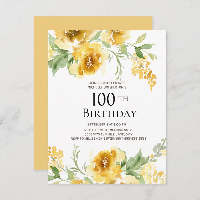 Invitation Aquarelle Jaune Verdure Florale 100e anniversaire (Devant / Derrière)