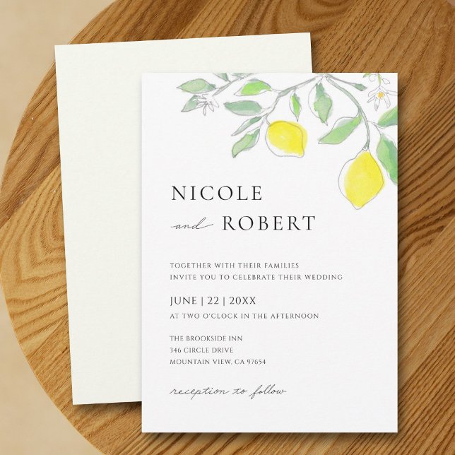 Invitation Aquarelle jaune vert citrons et Mariage Feuille (Créateur téléchargé)