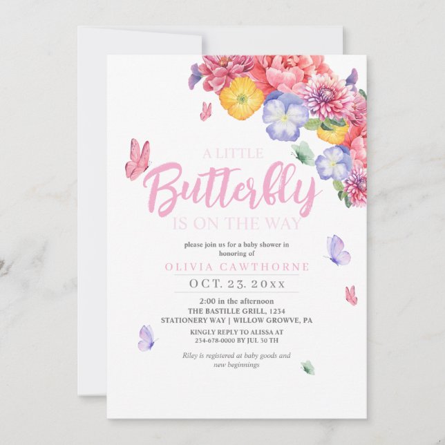 Invitation Aquarelle Joli Baby shower de fleurs papillon (Devant)