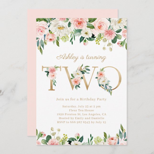Invitation Aquarelle Jolie Floral Gold Girl Deuxième annivers (Devant / Derrière)
