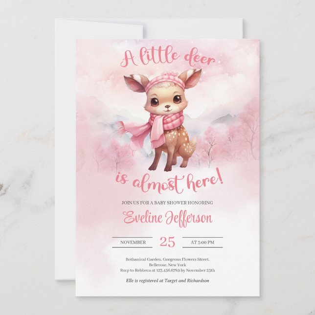 Invitation Aquarelle jolie renne rose fille d'hiver (Devant)