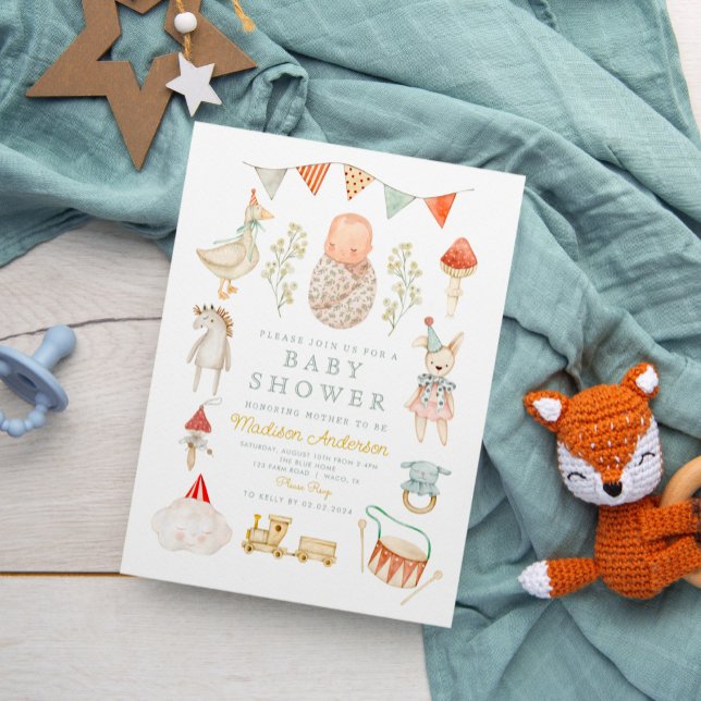 Invitation Aquarelle Jouets bébé Vêtements Baby shower Esenti (Créateur téléchargé)