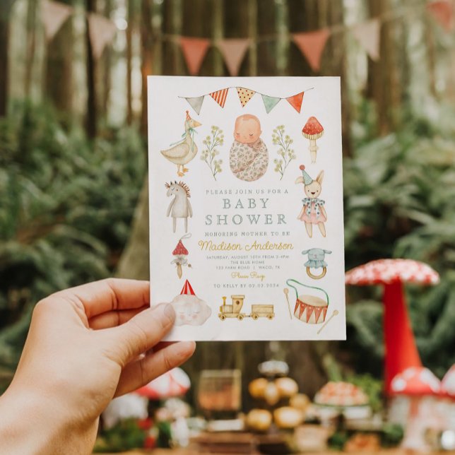 Invitation Aquarelle Jouets bébé Vêtements Baby shower Esenti (Créateur téléchargé)