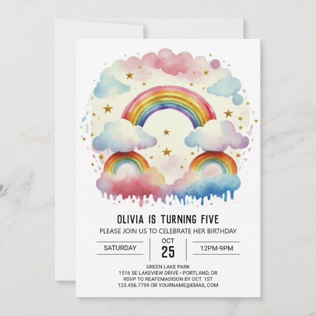 Invitation Aquarelle Joyeux Nuages Fille Anniversaire (Devant)