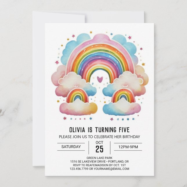 Invitation Aquarelle Joyeux Nuages Fille Anniversaire (Devant)