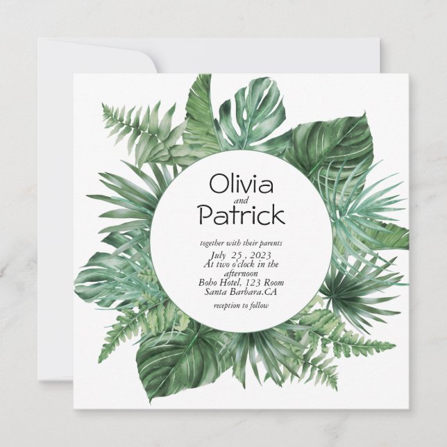 Invitation aquarelle jungle feuilles vertes tropic (Devant)