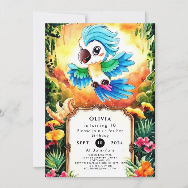 Invitation Aquarelle Jungle Parrot Anniversaire (Devant)