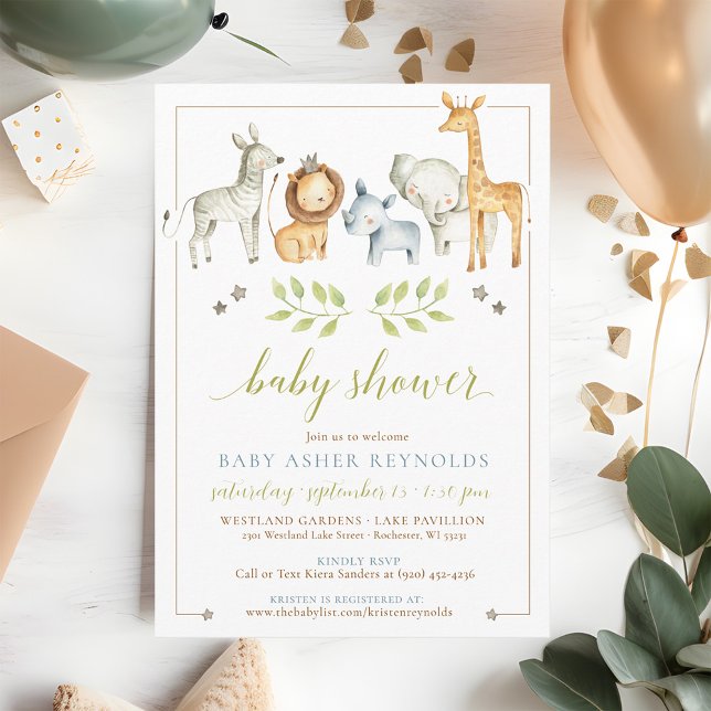 Invitation Aquarelle Jungle Safari Animaux Baby Boy Douche (Cute simple watercolor wild jungle safari zoo animals welcome baby boy shower invitation QR code)