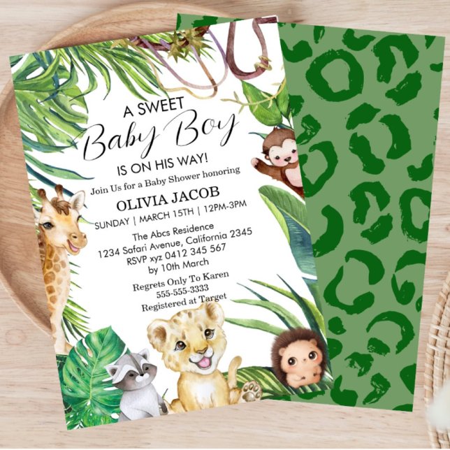 Invitation Aquarelle Jungle Safari Animaux Baby shower Garçon (Créateur téléchargé)