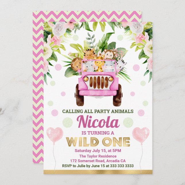 Invitation Aquarelle Jungle Safari Animaux Filles Anniversair (Devant / Derrière)