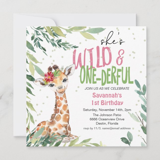 Invitation Aquarelle Jungle Safari Wild Un 1er anniversaire I (Devant)