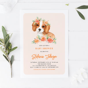 Invitation Aquarelle King Charles Spaniel Baby shower Floral