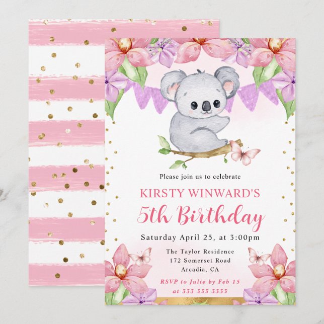 Invitation Aquarelle Koala Mignon & Fleurs Tropicales Anniver (Devant / Derrière)