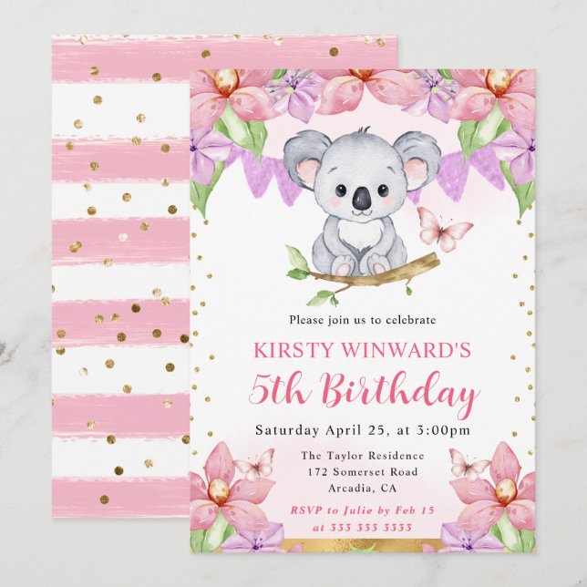 Invitation Aquarelle Koala Mignon & Fleurs Tropicales Anniver (Devant / Derrière)