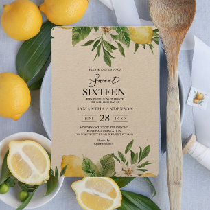 Invitation Aquarelle Kraft Citrons jaunes et feuilles