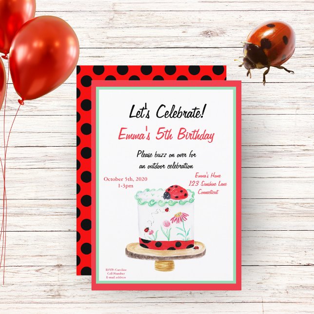 Invitation Aquarelle Ladybug Cake Anniversaire (Créateur téléchargé)