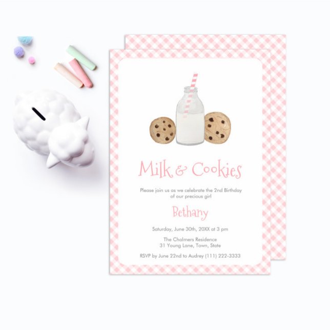Invitation Aquarelle Lait Et Cookies Fille Anniversaire Fête (Milk and cookies birthday birthday for girl with pink gingham plaid trim and matching backer)