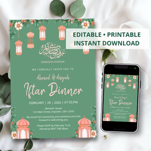 Invitation Aquarelle Lanternes Roses et Vert Sauge pour Iftar (Créateur téléchargé)