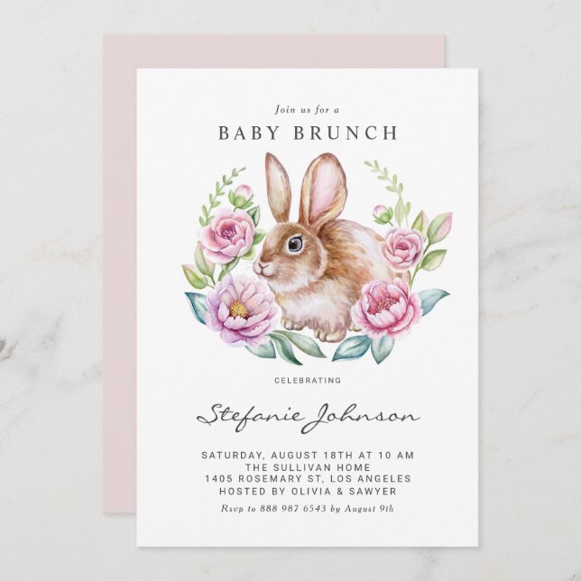 Invitation Aquarelle Lapin et Fleurs roses Bébé Brunch (Devant / Derrière)