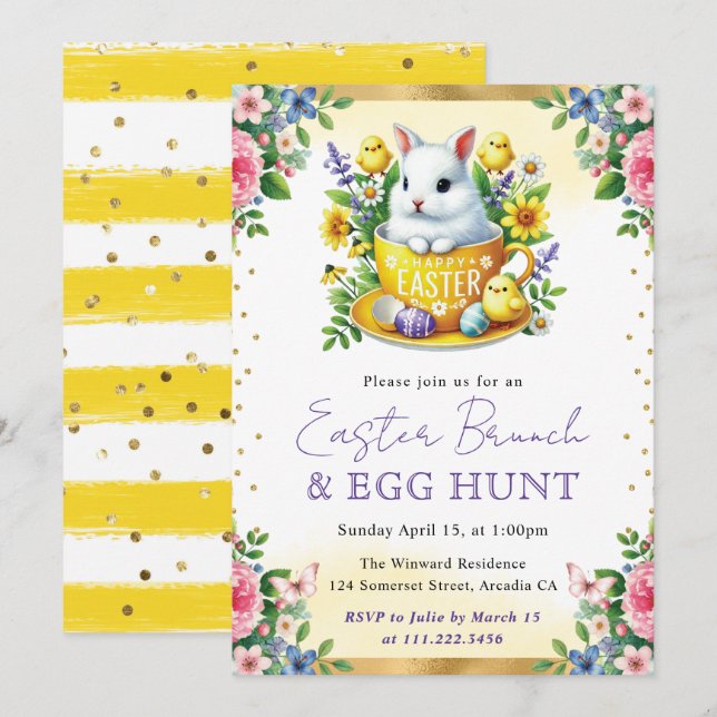 Invitation Aquarelle Lapin Fleurs de Printemps Brunch de Pâqu (Devant / Derrière)