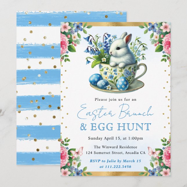 Invitation Aquarelle Lapin Fleurs de Printemps Brunch de Pâqu (Devant / Derrière)