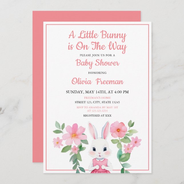 Invitation Aquarelle Lapin Rose Fille Baby shower Floral (Devant / Derrière)
