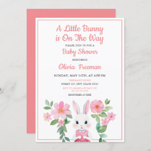 Invitation Aquarelle Lapin Rose Fille Baby shower Floral