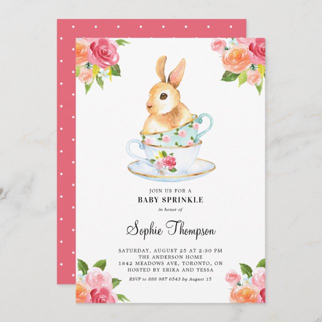 Invitation Aquarelle Lapin sur Teacups Floral Baby Sprinking (Devant / Derrière)