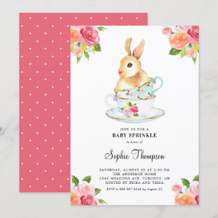 Invitation Aquarelle Lapin sur Teacups Floral Baby Sprinking