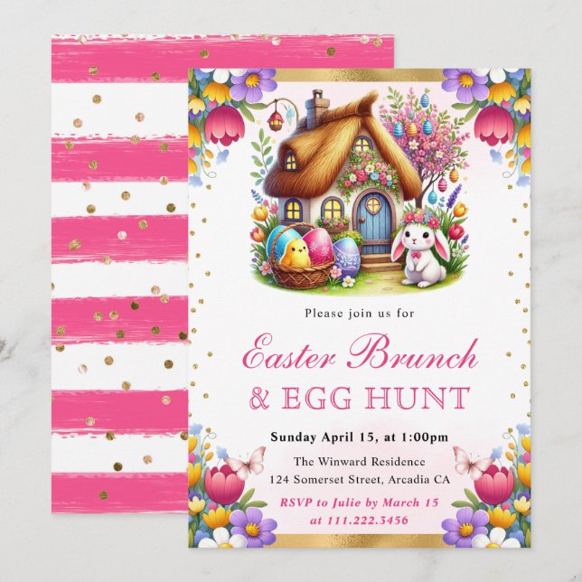 Invitation Aquarelle Lapins de Pâques dans une maison de prin (Devant / Derrière)