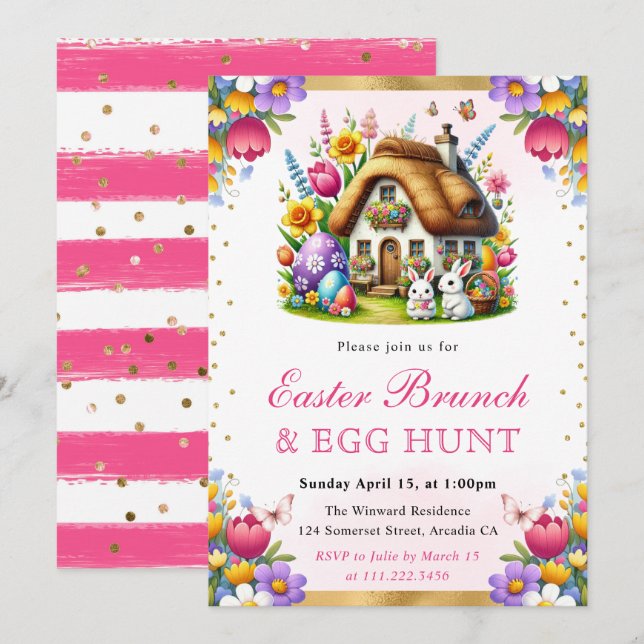 Invitation Aquarelle Lapins de printemps Maison Brunch de Pâq (Devant / Derrière)