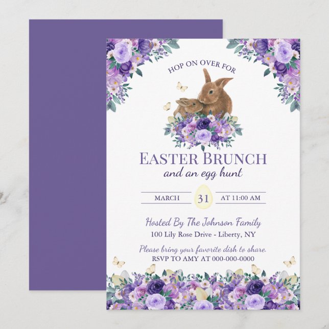 Invitation Aquarelle Lapins Floraux Brunch du Dimanche de Pâq (Devant / Derrière)