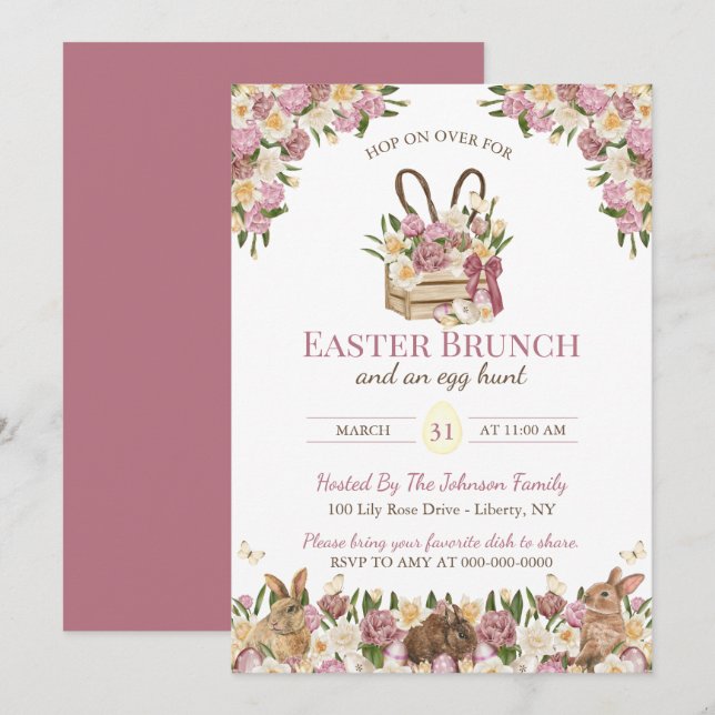 Invitation Aquarelle Lapins Floraux Brunch du Dimanche de Pâq (Devant / Derrière)