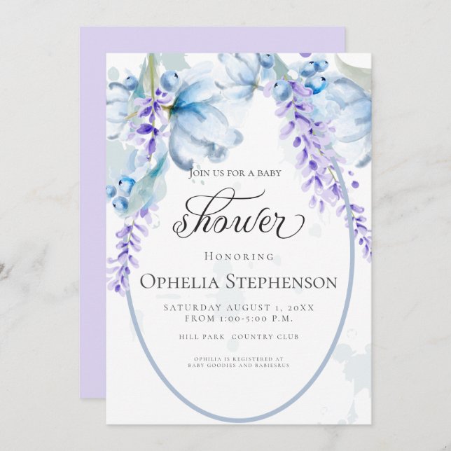 Invitation Aquarelle Lavande - Baby shower Floral bleu-Dusty (Devant / Derrière)
