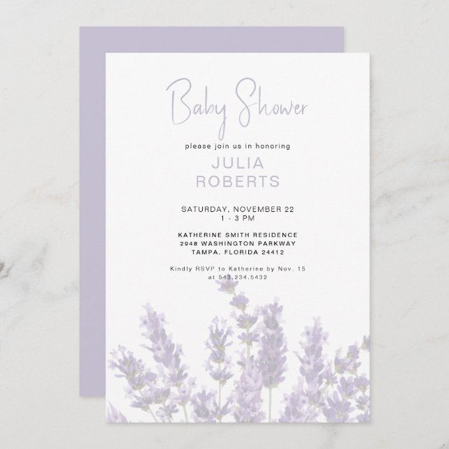 Invitation Aquarelle Lavande Baby shower Floral II (Devant / Derrière)