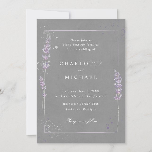 Invitation Aquarelle lavande élégant mariage gris (Devant)