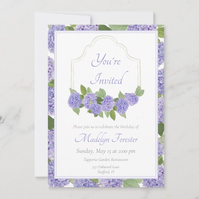Invitation Aquarelle Lavande Hydrangea Anniversaire (Devant)