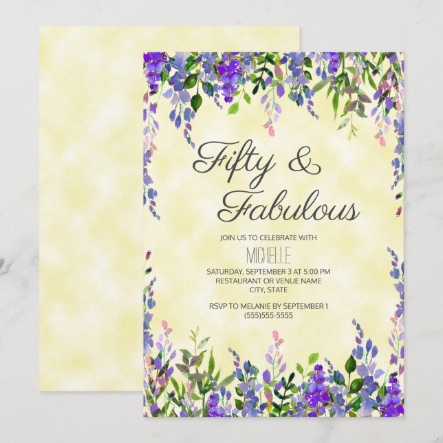 Invitation Aquarelle Lavande Jaune 50 ans et Fabulux Annivers (Devant / Derrière)